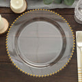 10-Pack Plastic Round Dinner Plates 10" Clear with Gold Beaded Rim - Disposable Party Plates