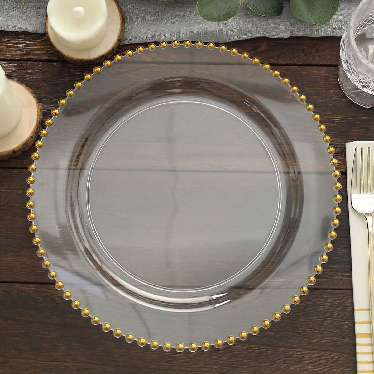 10-Pack Plastic Round Dinner Plates 10" Clear with Gold Beaded Rim - Disposable Party Plates