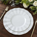 10-Pack Plastic Round Dinner Plates 9" White Ruffled Rim with Gold Edging - Heavy Duty Disposable Dinnerware for Upscale Buffets & Catered Events