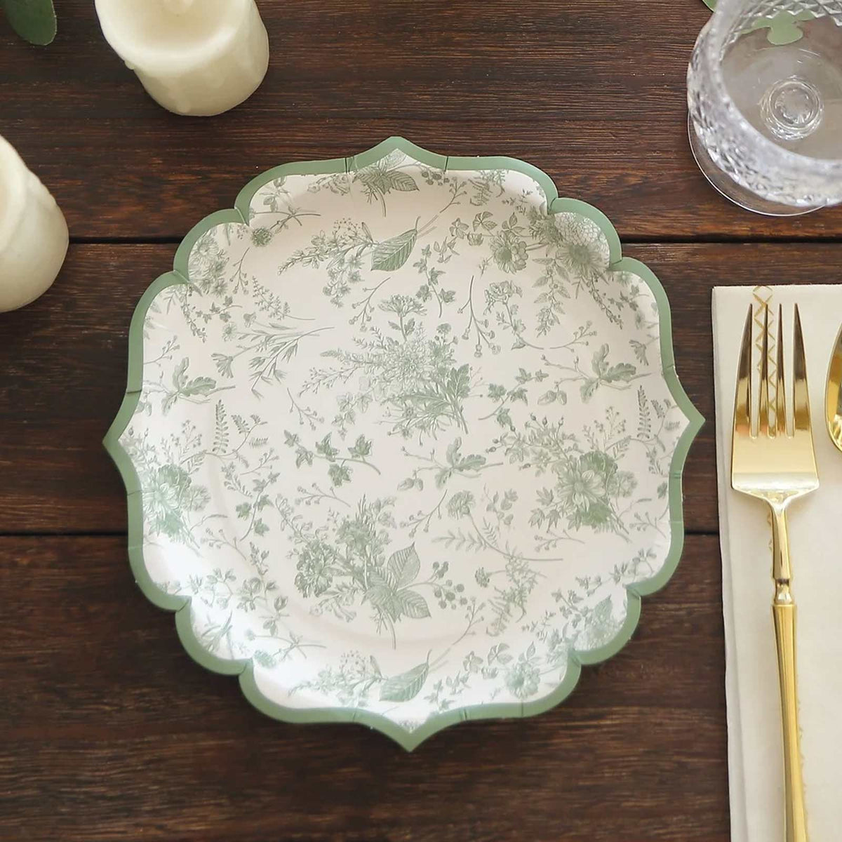 25-Pack Paper Round Dessert Plates 8" White with Sage Green French Toile Design & Scalloped Rim - 300GSM Disposable Salad Appetizer Plates for Chic Table Decor