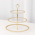 3-Tier Plastic Round Cupcake Tower Stand 14" Clear with Gold Beaded Rim - Stable Dessert Display Tea Party Serving Platter With Top Handle for Classy Events Weddings & Banquets