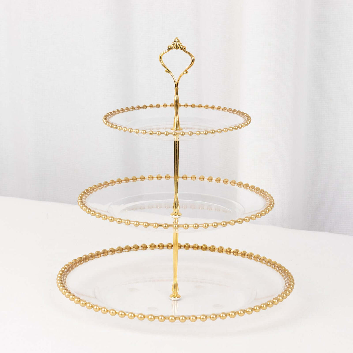 3-Tier Plastic Round Cupcake Tower Stand 14" Clear with Gold Beaded Rim - Stable Dessert Display Tea Party Serving Platter With Top Handle for Classy Events Weddings & Banquets
