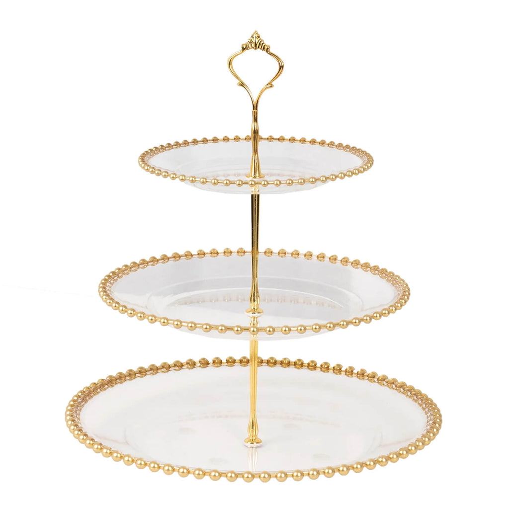3-Tier Plastic Round Cupcake Tower Stand 14" Clear with Gold Beaded Rim - Stable Dessert Display Tea Party Serving Platter With Top Handle for Classy Events Weddings & Banquets