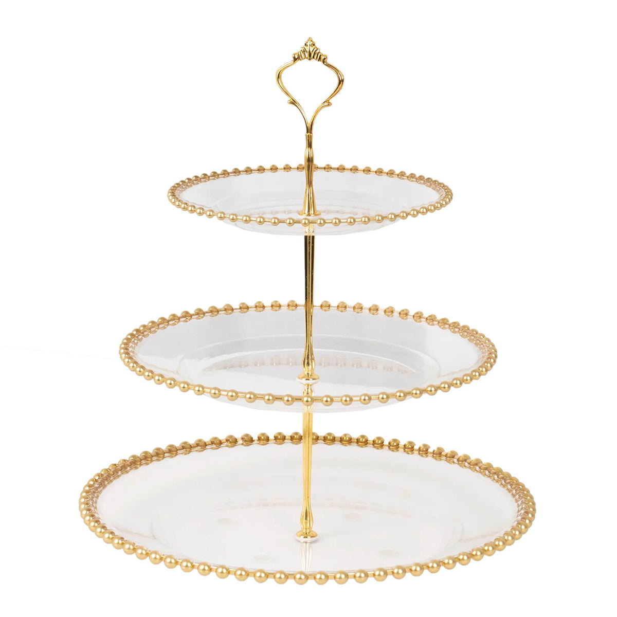 3-Tier Plastic Round Cupcake Tower Stand 14" Clear with Gold Beaded Rim - Stable Dessert Display Tea Party Serving Platter With Top Handle for Classy Events Weddings & Banquets