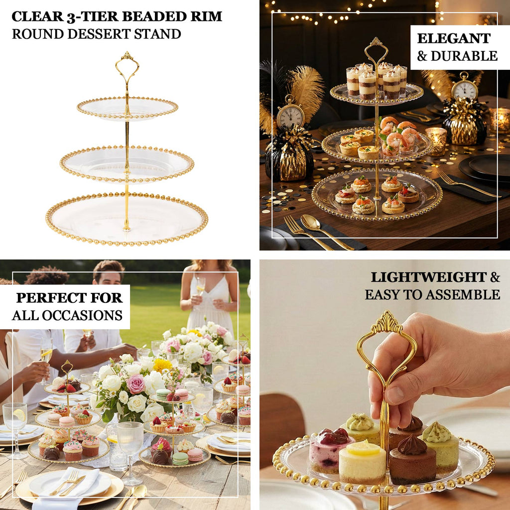 3-Tier Plastic Round Cupcake Tower Stand 14" Clear with Gold Beaded Rim - Stable Dessert Display Tea Party Serving Platter With Top Handle for Classy Events Weddings & Banquets