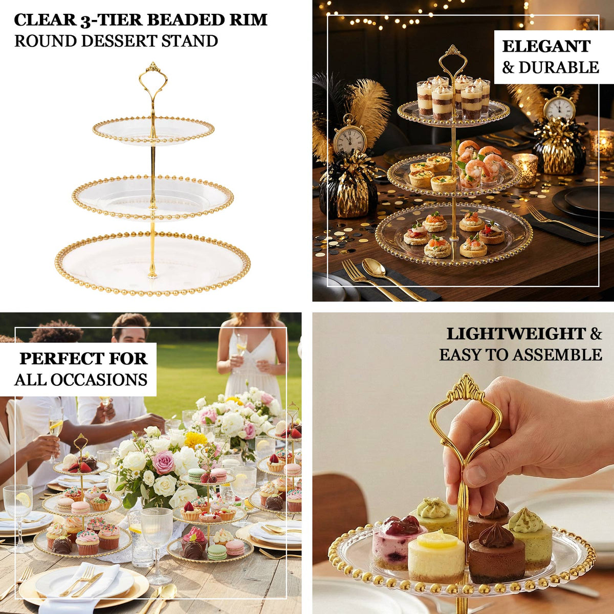 3-Tier Plastic Round Cupcake Tower Stand 14" Clear with Gold Beaded Rim - Stable Dessert Display Tea Party Serving Platter With Top Handle for Classy Events Weddings & Banquets