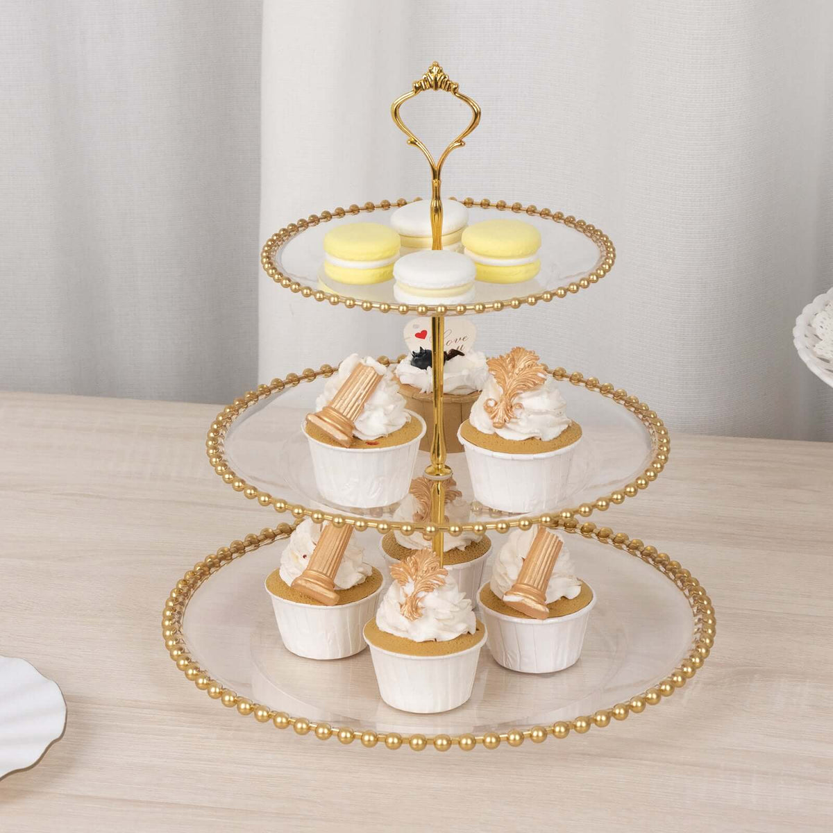 3-Tier Plastic Round Cupcake Tower Stand 14" Clear with Gold Beaded Rim - Stable Dessert Display Tea Party Serving Platter With Top Handle for Classy Events Weddings & Banquets