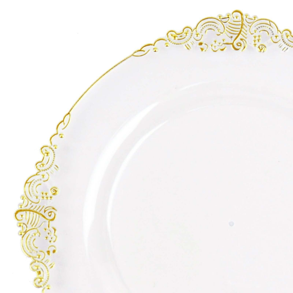 10-Pack Plastic Round Dinner Plates 10" Clear with Gold Leaf Embossed Rim - Vintage Baroque Style Disposable Plates