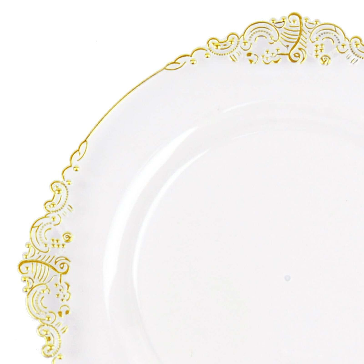10-Pack Plastic Round Dinner Plates 10" Clear with Gold Leaf Embossed Rim - Vintage Baroque Style Disposable Plates
