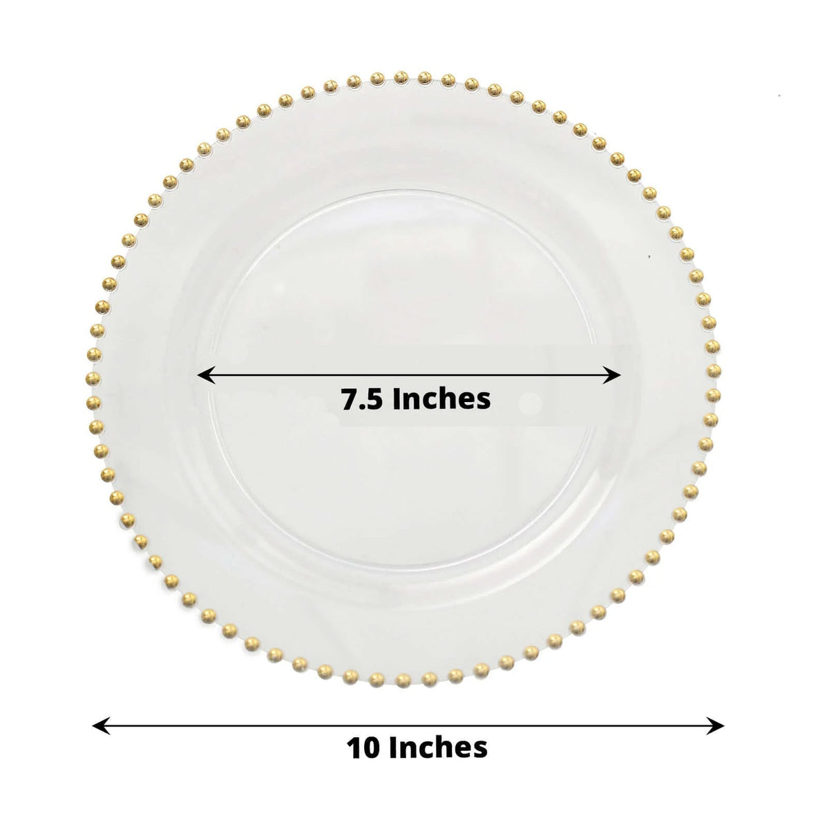 10-Pack Plastic Round Dinner Plates 10" Clear with Gold Beaded Rim - Disposable Party Plates