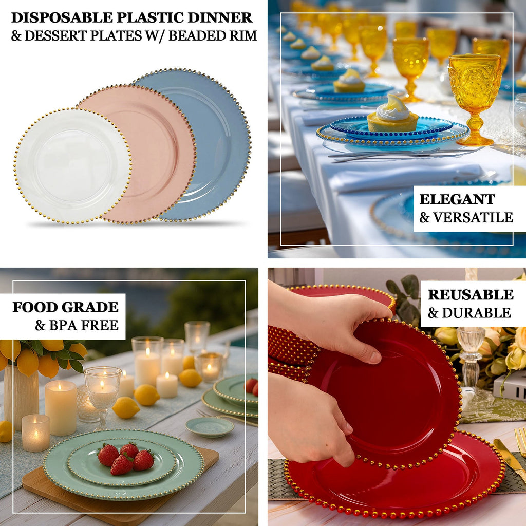 10-Pack Plastic Round Dinner Plates 10" Clear with Gold Beaded Rim - Disposable Party Plates