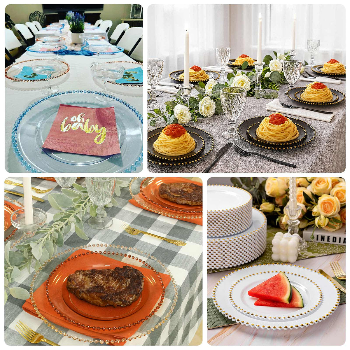 10-Pack Plastic Round Dinner Plates 10" Clear with Gold Beaded Rim - Disposable Party Plates