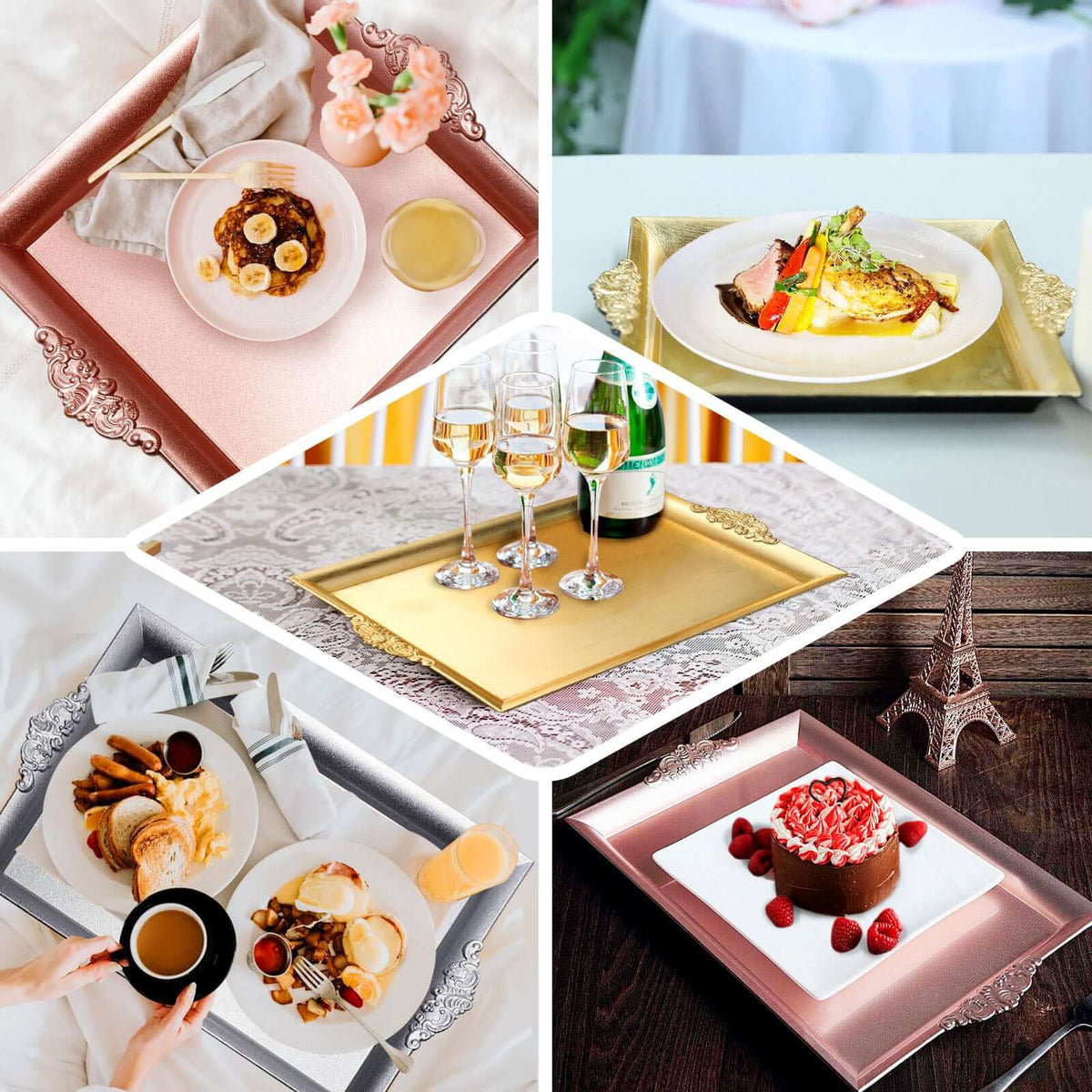 2-Pack Acrylic Serving Trays 14"x10" Rectangle Gold with Embossed Handles - Sleek Decorative Dinner Party Food Platters
