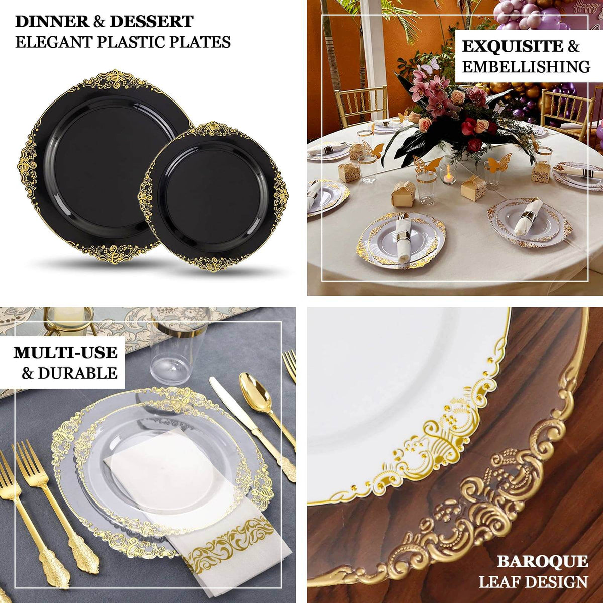 10-Pack Plastic Round Dinner Plates 10" Clear with Gold Leaf Embossed Rim - Vintage Baroque Style Disposable Plates