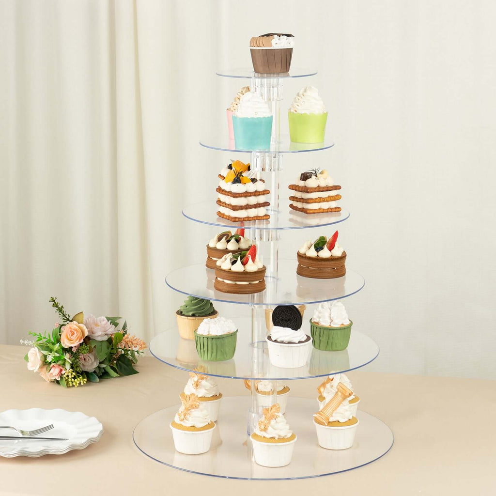 6-Tier Acrylic Round Cupcake Stand 22" Clear - Heavy Duty Easy To Assemble Dessert Tower Holder Pastry Display with Film Sheets for Weddings & Parties