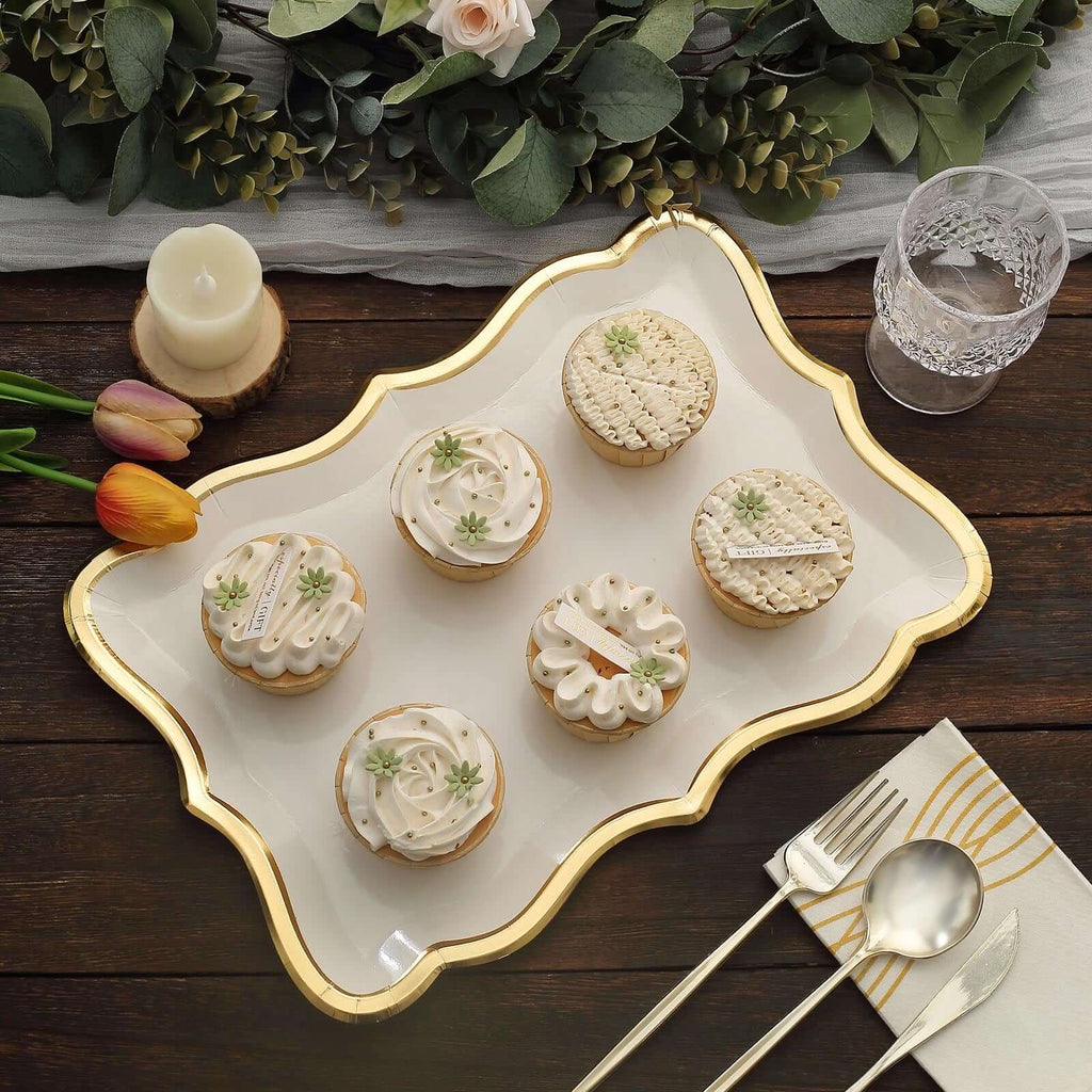 10-Pack Paper Rectangle Serving Trays 14"x10" White with Gold Rim - 400GSM Heavy Duty Disposable Cardboard Party Platters for Stylish Food Displays