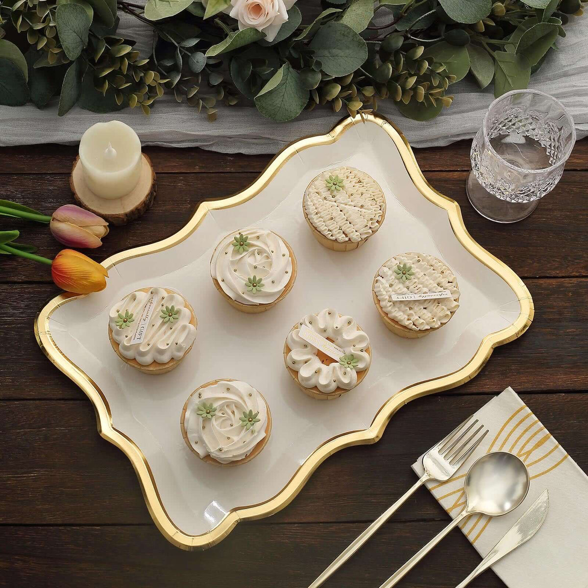 10-Pack Paper Rectangle Serving Trays 14"x10" White with Gold Rim - 400GSM Heavy Duty Disposable Cardboard Party Platters for Stylish Food Displays