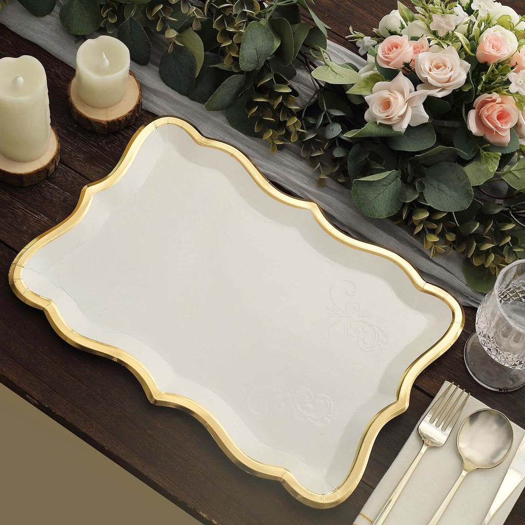 10-Pack Paper Rectangle Serving Trays 14"x10" White with Gold Rim - 400GSM Heavy Duty Disposable Cardboard Party Platters for Stylish Food Displays
