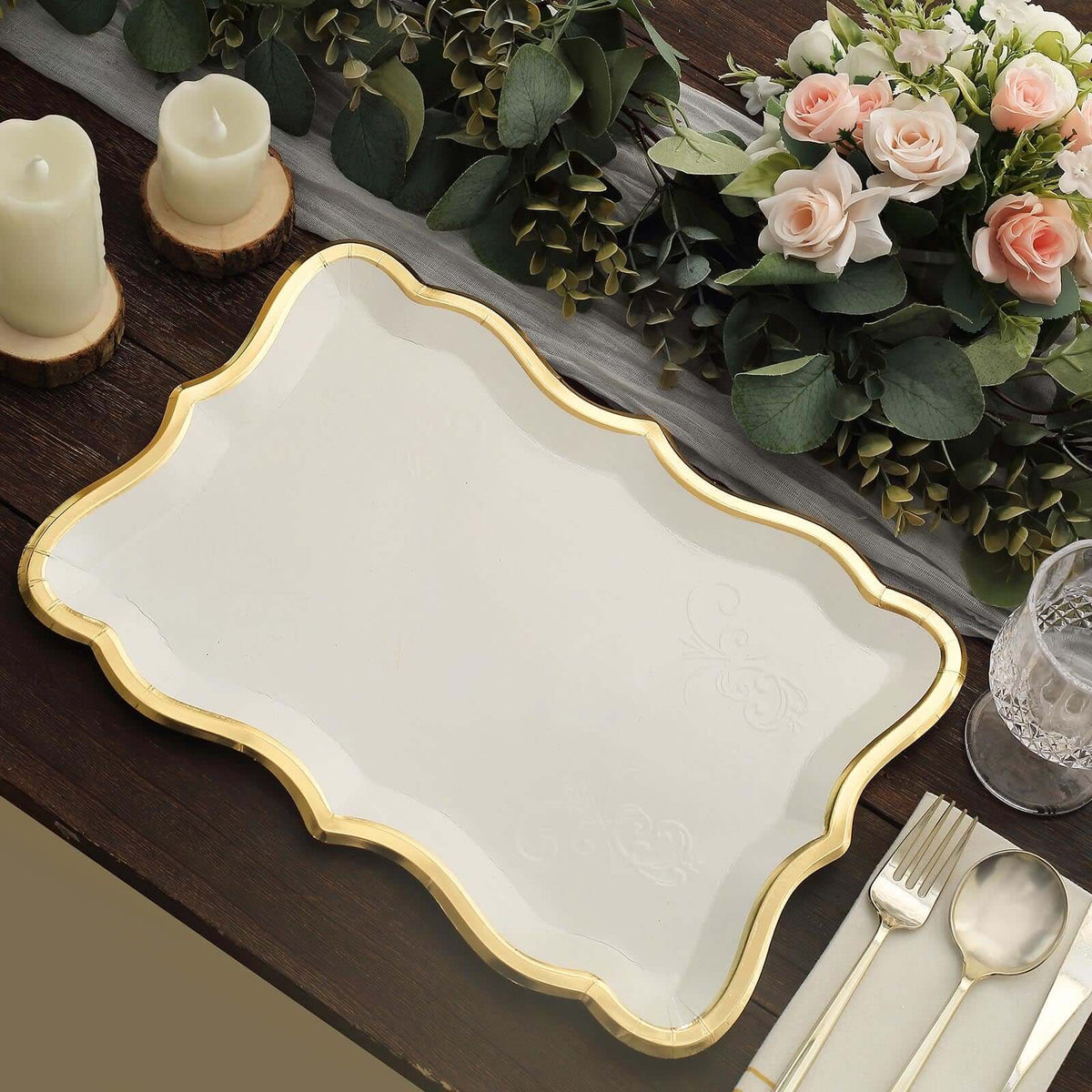 10-Pack Paper Rectangle Serving Trays 14"x10" White with Gold Rim - 400GSM Heavy Duty Disposable Cardboard Party Platters for Stylish Food Displays