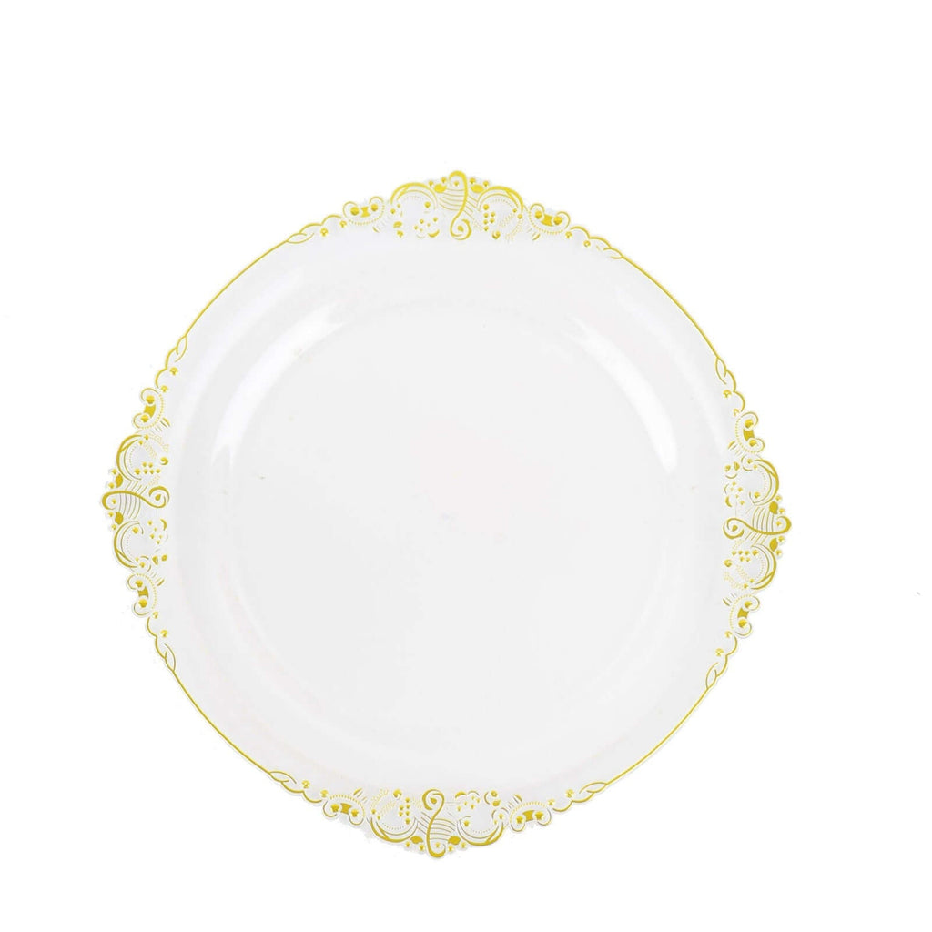 10-Pack Plastic Round Dinner Plates 10" Clear with Gold Leaf Embossed Rim - Vintage Baroque Style Disposable Plates