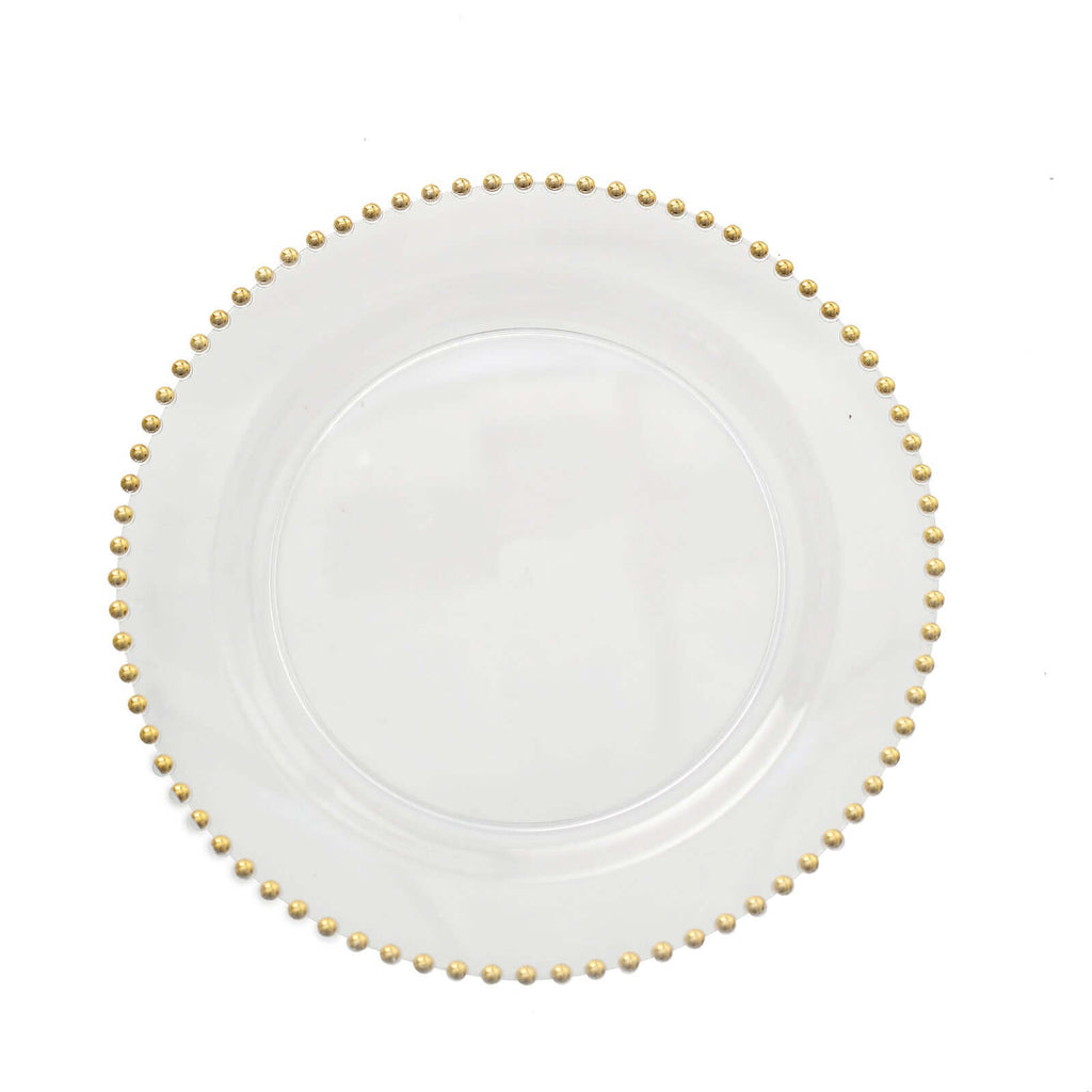 10-Pack Plastic Round Dinner Plates 10" Clear with Gold Beaded Rim - Disposable Party Plates