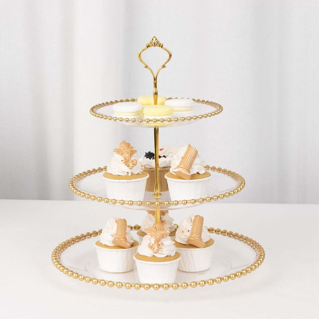 3-Tier Plastic Round Cupcake Tower Stand 14" Clear with Gold Beaded Rim - Stable Dessert Display Tea Party Serving Platter With Top Handle for Classy Events Weddings & Banquets