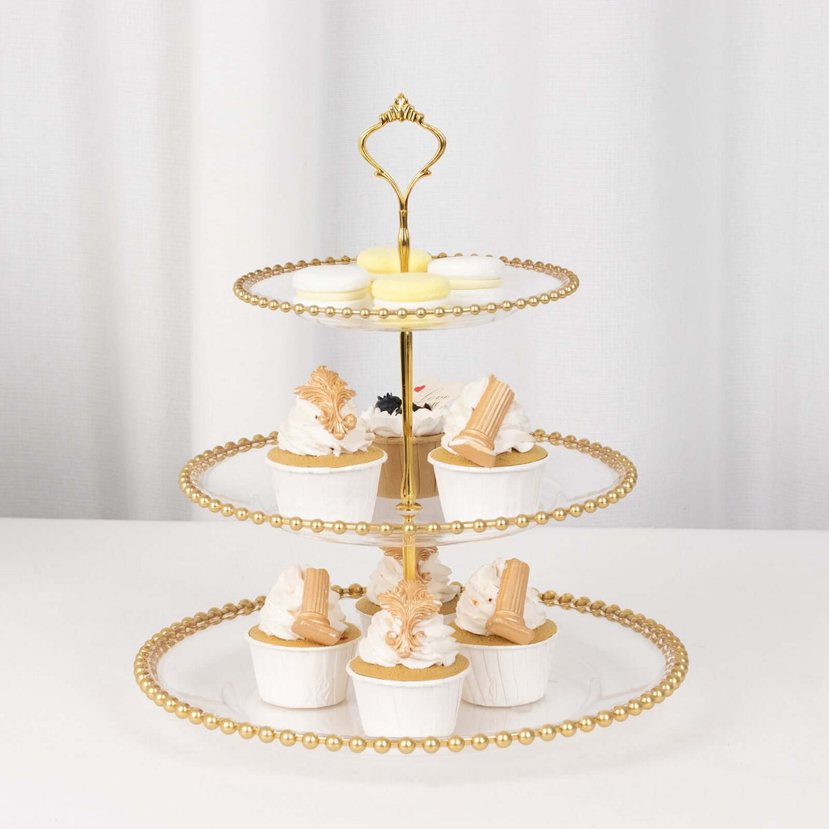 3-Tier Plastic Round Cupcake Tower Stand 14" Clear with Gold Beaded Rim - Stable Dessert Display Tea Party Serving Platter With Top Handle for Classy Events Weddings & Banquets