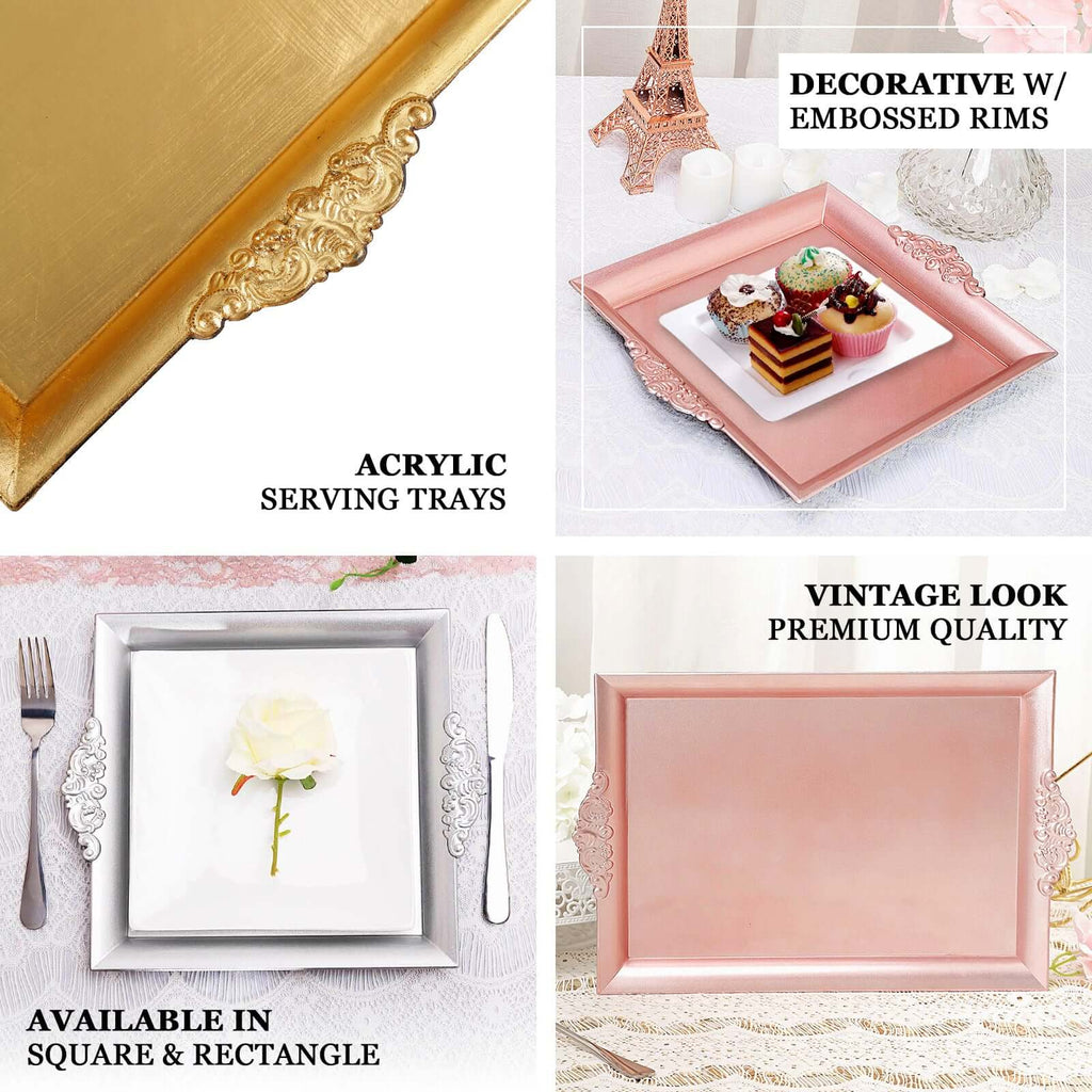 2-Pack Acrylic Serving Trays 14"x10" Rectangle Gold with Embossed Handles - Sleek Decorative Dinner Party Food Platters