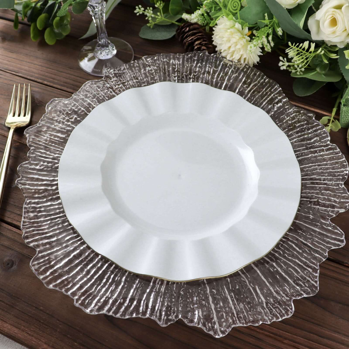 10-Pack Plastic Round Dinner Plates 9" White Ruffled Rim with Gold Edging - Heavy Duty Disposable Dinnerware for Upscale Buffets & Catered Events