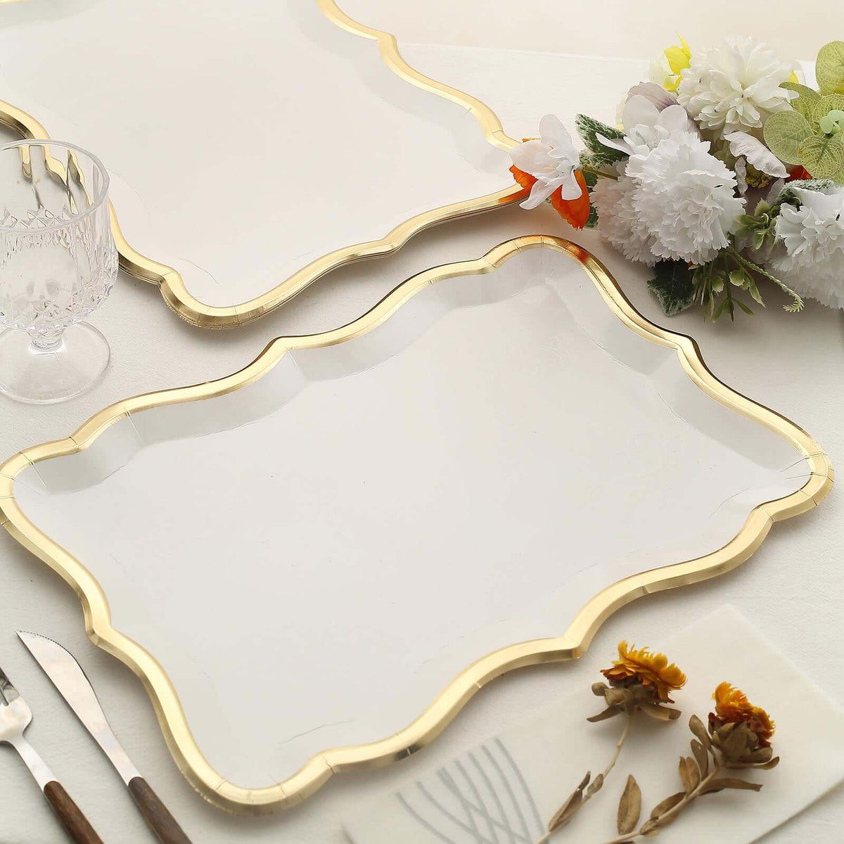 10-Pack Paper Rectangle Serving Trays 14"x10" White with Gold Rim - 400GSM Heavy Duty Disposable Cardboard Party Platters for Stylish Food Displays