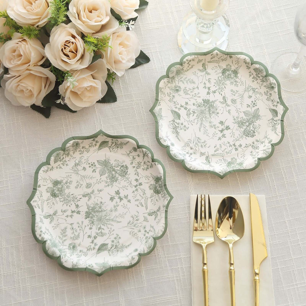 25-Pack Paper Round Dessert Plates 8" White with Sage Green French Toile Design & Scalloped Rim - 300GSM Disposable Salad Appetizer Plates for Chic Table Decor