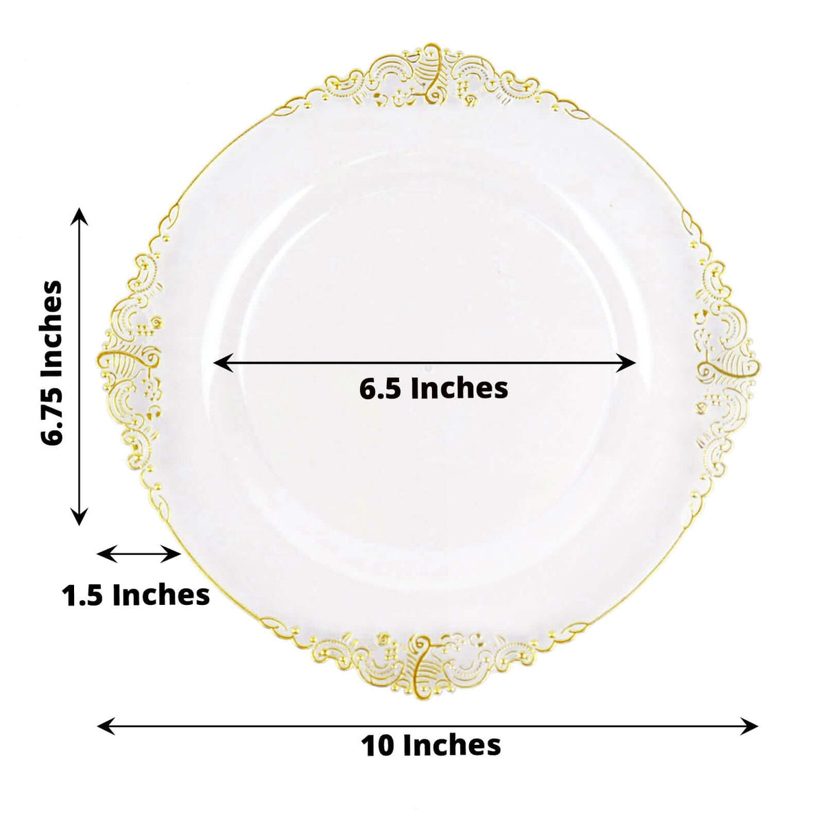 10-Pack Plastic Round Dinner Plates 10" Clear with Gold Leaf Embossed Rim - Vintage Baroque Style Disposable Plates