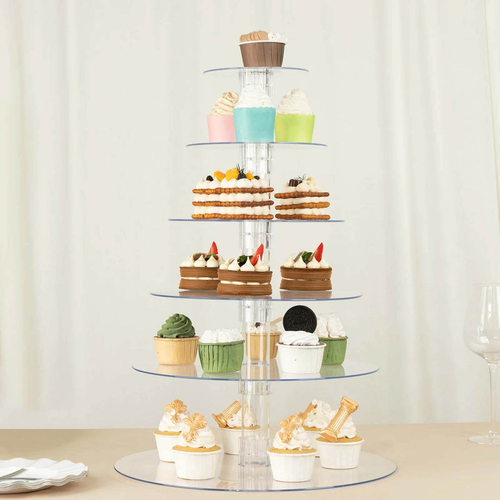 6-Tier Acrylic Round Cupcake Stand 22" Clear - Heavy Duty Easy To Assemble Dessert Tower Holder Pastry Display with Film Sheets for Weddings & Parties