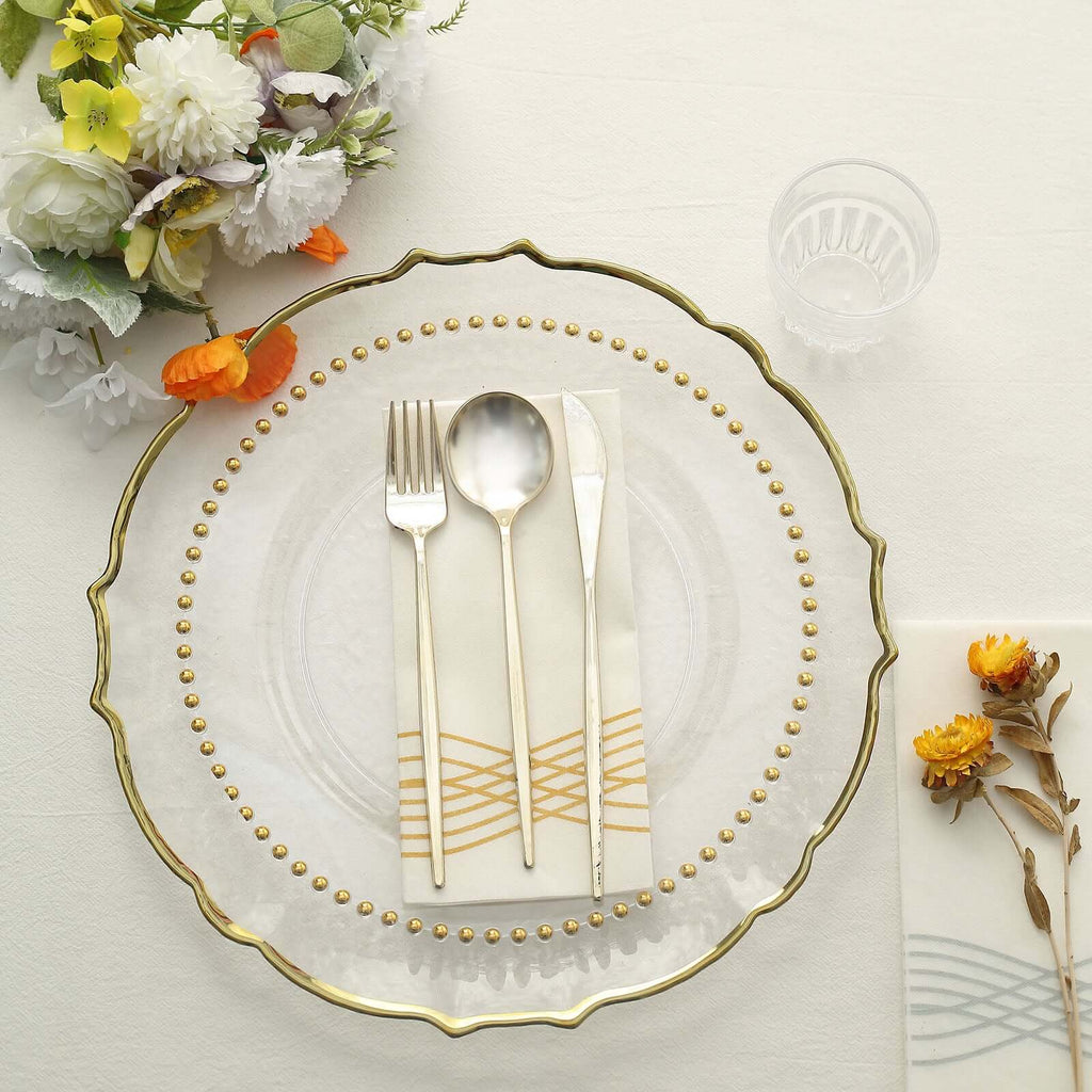 10-Pack Plastic Round Dinner Plates 10" Clear with Gold Beaded Rim - Disposable Party Plates