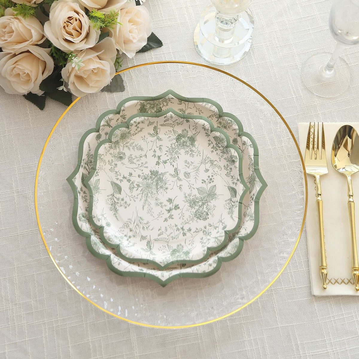 25-Pack Paper Round Dessert Plates 8" White with Sage Green French Toile Design & Scalloped Rim - 300GSM Disposable Salad Appetizer Plates for Chic Table Decor
