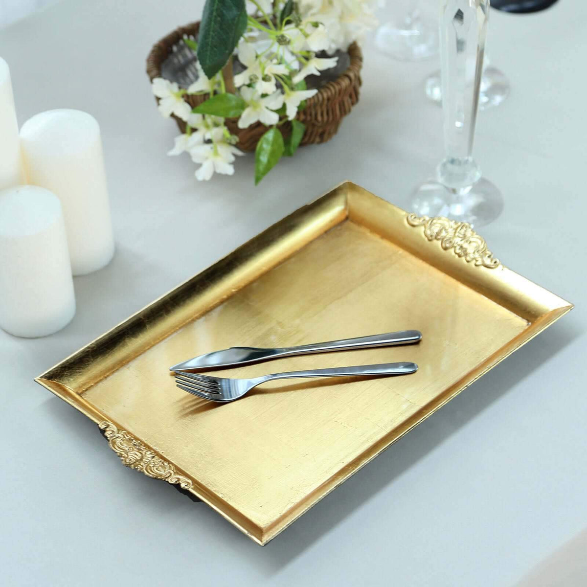 2-Pack Acrylic Serving Trays 14"x10" Rectangle Gold with Embossed Handles - Sleek Decorative Dinner Party Food Platters