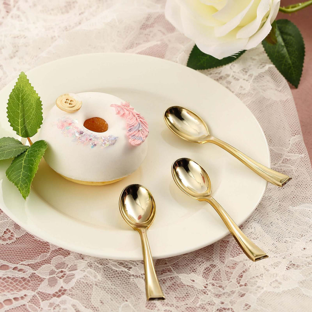 24-Pack Plastic Mini Dessert Spoons 4" Gold - Heavy Duty Disposable Silverware