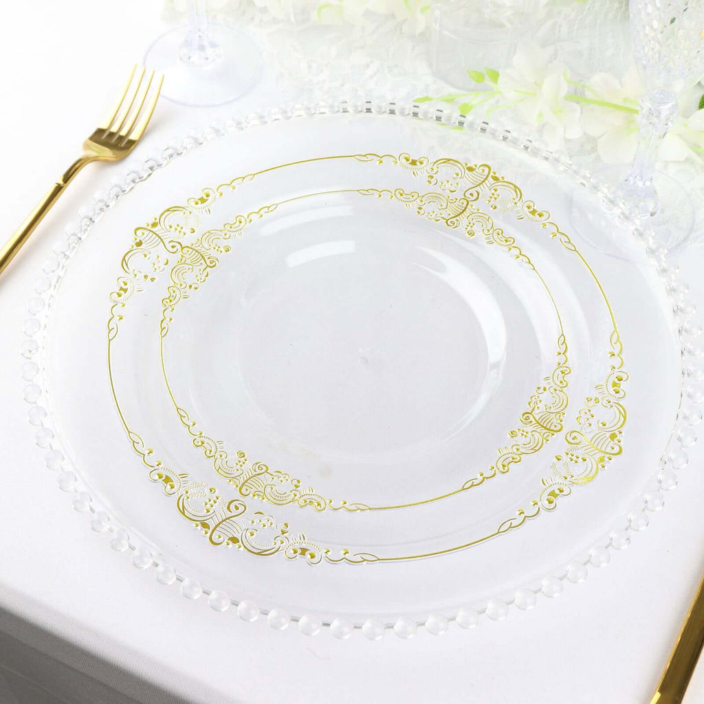 10-Pack Plastic Round Dinner Plates 10" Clear with Gold Leaf Embossed Rim - Vintage Baroque Style Disposable Plates
