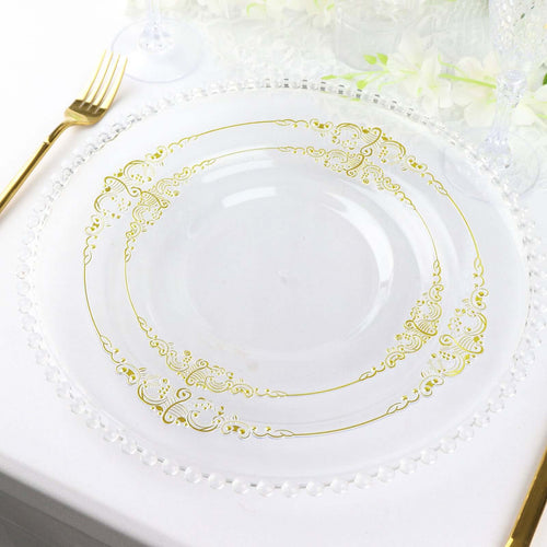 10-Pack Plastic Round Dinner Plates 10" Clear with Gold Leaf Embossed Rim - Vintage Baroque Style Disposable Plates