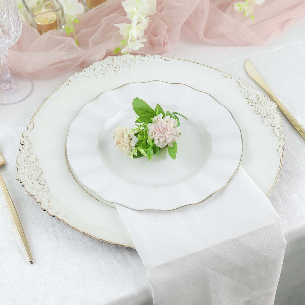 10-Pack Plastic Round Dinner Plates 9" White Ruffled Rim with Gold Edging - Heavy Duty Disposable Dinnerware for Upscale Buffets & Catered Events