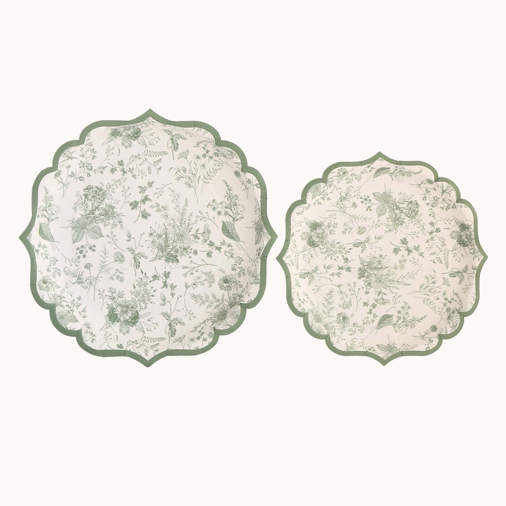 25-Pack Paper Round Dessert Plates 8" White with Sage Green French Toile Design & Scalloped Rim - 300GSM Disposable Salad Appetizer Plates for Chic Table Decor