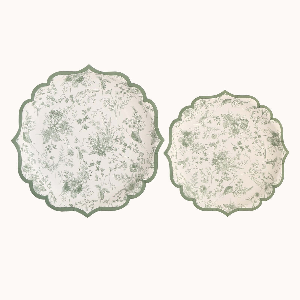 25-Pack Paper Round Dessert Plates 8" White with Sage Green French Toile Design & Scalloped Rim - 300GSM Disposable Salad Appetizer Plates for Chic Table Decor
