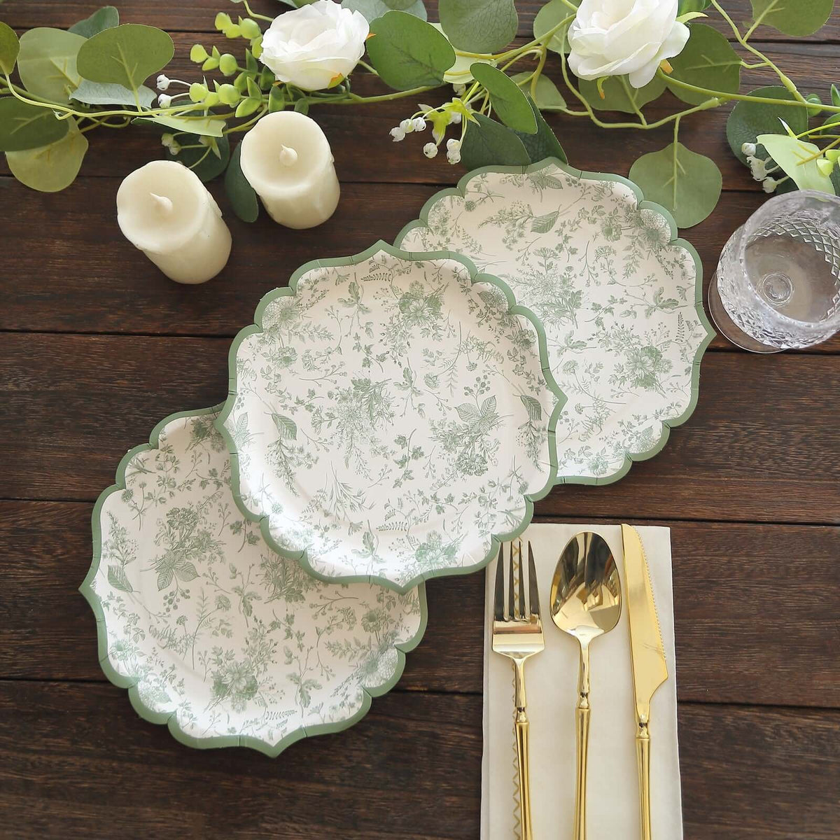 25-Pack Paper Round Dessert Plates 8" White with Sage Green French Toile Design & Scalloped Rim - 300GSM Disposable Salad Appetizer Plates for Chic Table Decor