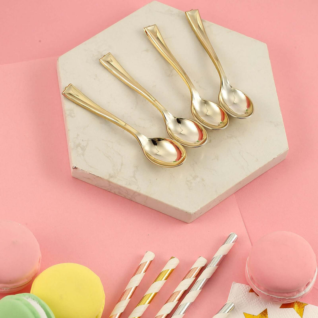 24-Pack Plastic Mini Dessert Spoons 4" Gold - Heavy Duty Disposable Silverware