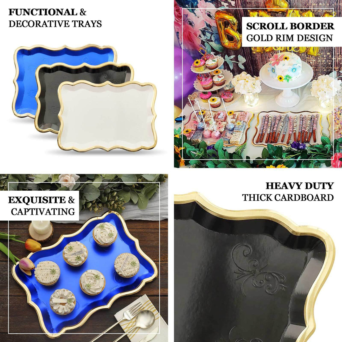 10-Pack Paper Rectangle Serving Trays 14"x10" White with Gold Rim - 400GSM Heavy Duty Disposable Cardboard Party Platters for Stylish Food Displays