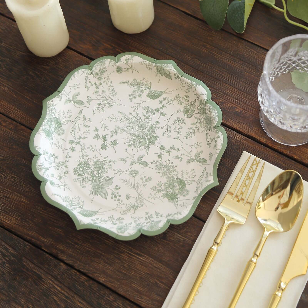 25-Pack Paper Round Dessert Plates 8" White with Sage Green French Toile Design & Scalloped Rim - 300GSM Disposable Salad Appetizer Plates for Chic Table Decor