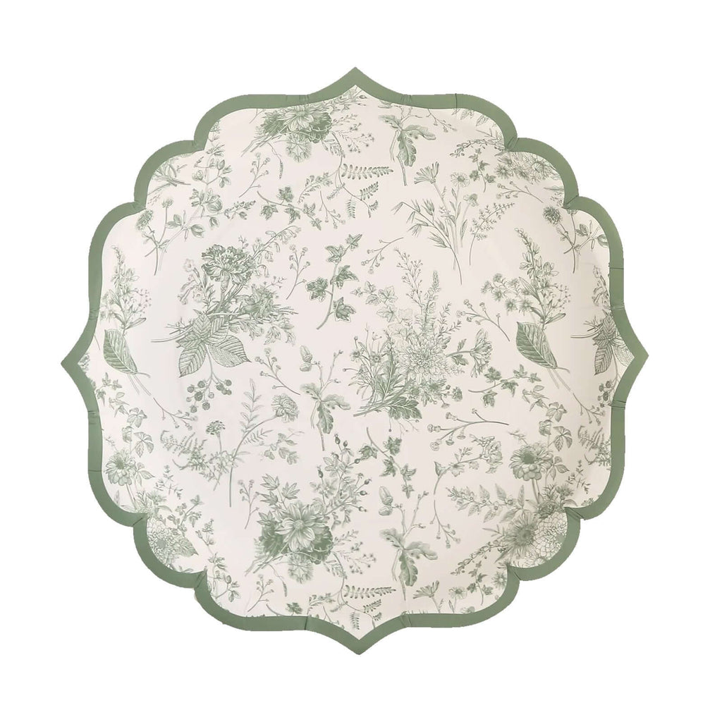 25-Pack Paper Round Dessert Plates 8" White with Sage Green French Toile Design & Scalloped Rim - 300GSM Disposable Salad Appetizer Plates for Chic Table Decor