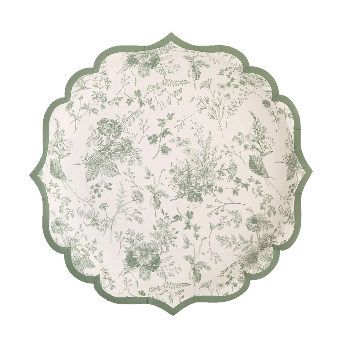 25-Pack Paper Round Dessert Plates 8" White with Sage Green French Toile Design & Scalloped Rim - 300GSM Disposable Salad Appetizer Plates for Chic Table Decor