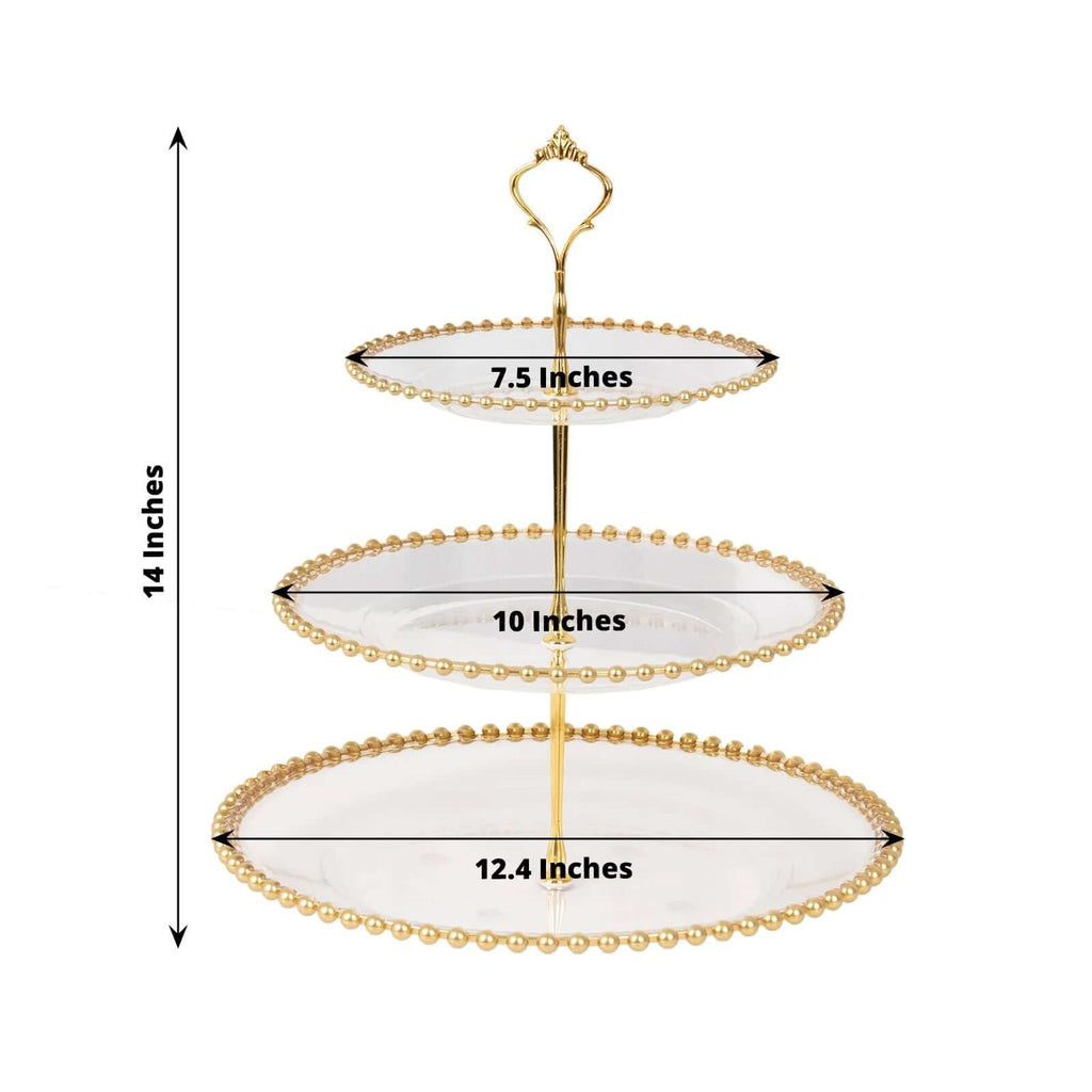 3-Tier Plastic Round Cupcake Tower Stand 14" Clear with Gold Beaded Rim - Stable Dessert Display Tea Party Serving Platter With Top Handle for Classy Events Weddings & Banquets