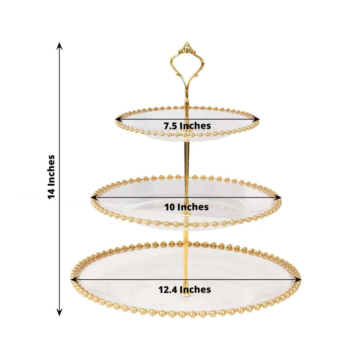 3-Tier Plastic Round Cupcake Tower Stand 14" Clear with Gold Beaded Rim - Stable Dessert Display Tea Party Serving Platter With Top Handle for Classy Events Weddings & Banquets